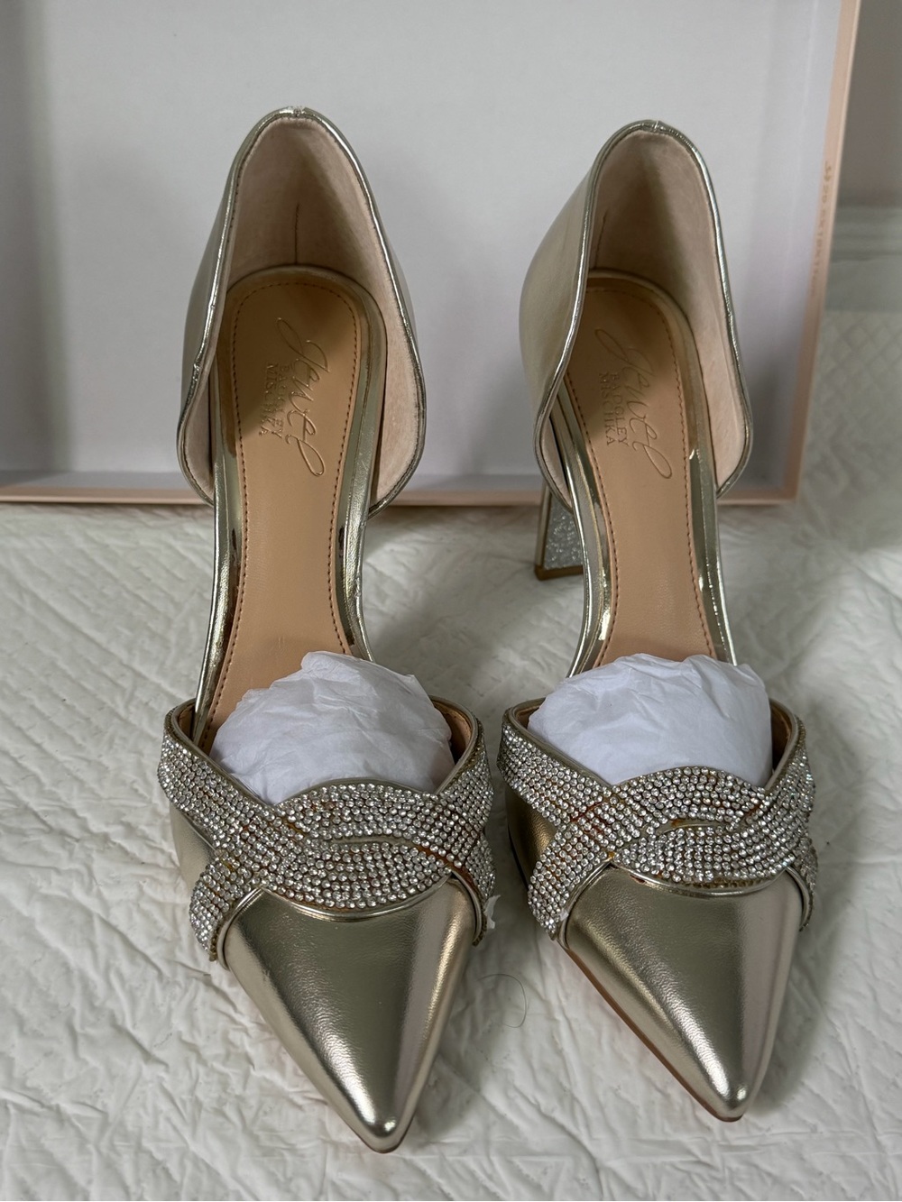 Badgley Mischka Metallic Gold Pointed-Toe D'Orsay Heels with Crystal Crossover